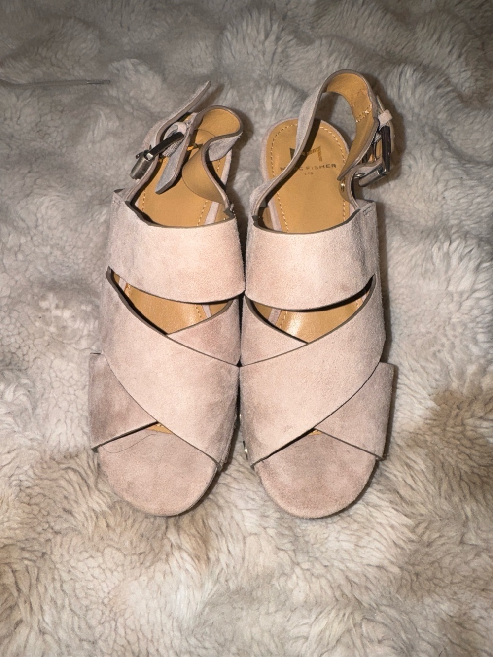 Marc Fisher Bianka Platform Wedge Beige Suede Retro Strappy Sandals 5.5